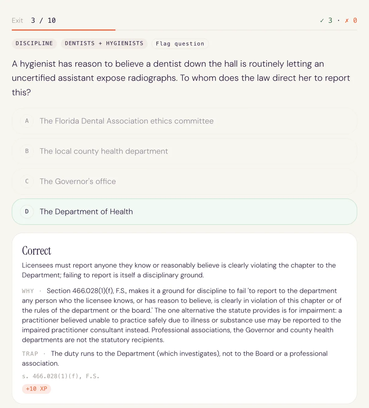 A Florida Laws and Rules practice question after answering, showing the correct option highlighted with the rule citation, the WHY explanation and the TRAP note.
