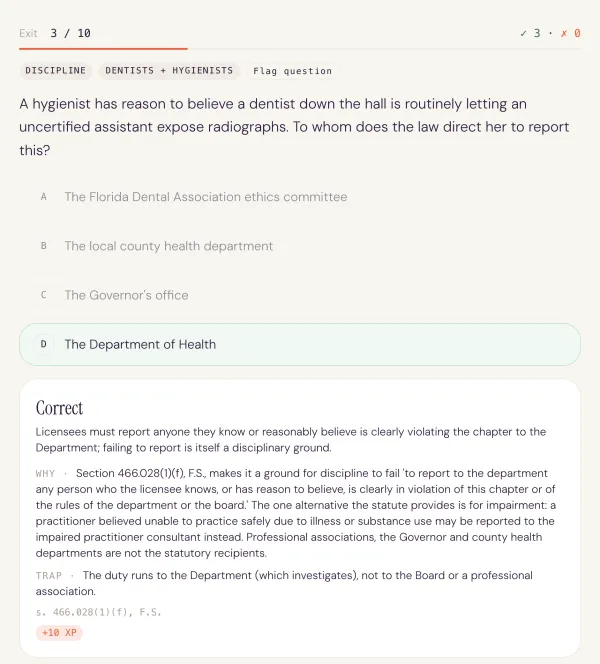 A Florida Laws and Rules practice question after answering, showing the correct option highlighted with the rule citation, the WHY explanation and the TRAP note.